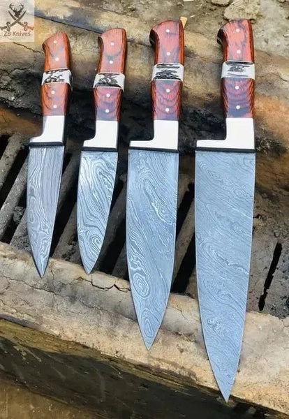 4 PCS HAND FORGED Full Tang Damascus Steel Kitchen Set Knives+ Leather Roll kit - ZB Knives Store