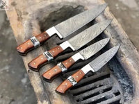 4 PCS HAND FORGED Full Tang Damascus Steel Kitchen Set Knives+ Leather Roll kit - ZB Knives Store