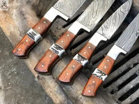 4 PCS HAND FORGED Full Tang Damascus Steel Kitchen Set Knives+ Leather Roll kit - ZB Knives Store