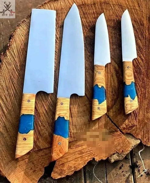 4 PCS HAND FORGED J2 Kitchen Set knives + Leather Sheath - ZB Knives Store