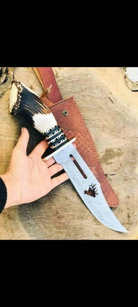 Custom Handmade Fixed Blade Damascus Steel Hunting Bowie Knife with Deer Stag Horn - ZB Knives Store
