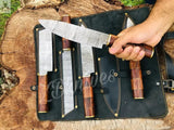 5 PCS HAND FORGED Fixed Blade Damascus Steel kitchen Set Knives + leather Roll kit - ZB Knives Store