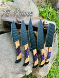 5 PCS HAND FORGED Full Tang 1095 high carbon steel powder coated Kitchen Set knives + leather case 💙💜💛 - ZB Knives Store