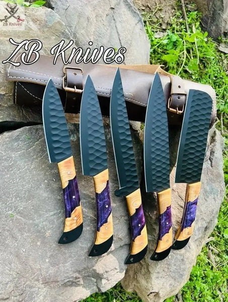 5 PCS HAND FORGED Full Tang 1095 high carbon steel powder coated Kitchen Set knives + leather case 💙💜💛 - ZB Knives Store