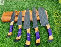 5 PCS HAND FORGED Full Tang 1095 high carbon steel powder coated Kitchen Set knives + leather case 💙💜💛 - ZB Knives Store