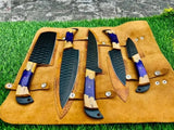 5 PCS HAND FORGED Full Tang 1095 high carbon steel powder coated Kitchen Set knives + leather case 💙💜💛 - ZB Knives Store