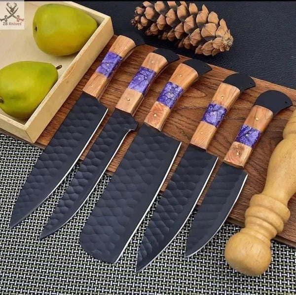 5 PCS HAND FORGED Full Tang 1095 high carbon steel powder coated Kitchen Set knives + leather case 💙💜💛 - ZB Knives Store