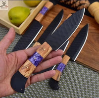 5 PCS HAND FORGED Full Tang 1095 high carbon steel powder coated Kitchen Set knives + leather case 💙💜💛 - ZB Knives Store