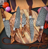 5 PCS HAND FORGED Full Tang Damascus Steel Kitchen Set Knives+ Leather Roll kit - ZB Knives Store