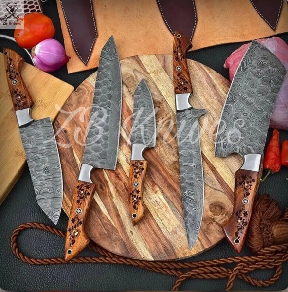 5 PCS HAND FORGED Full Tang Damascus Steel Kitchen Set Knives+ Leather Roll kit - ZB Knives Store