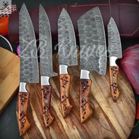 5 PCS HAND FORGED Full Tang Damascus Steel Kitchen Set Knives+ Leather Roll kit - ZB Knives Store