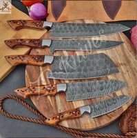 5 PCS HAND FORGED Full Tang Damascus Steel Kitchen Set Knives+ Leather Roll kit - ZB Knives Store