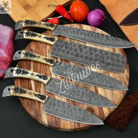 5 PCS HAND FORGED Full Tang Damascus Steel Kitchen Set Knives+ Leather Roll kit - ZB Knives Store
