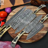 5 PCS HAND FORGED Full Tang Damascus Steel Kitchen Set Knives+ Leather Roll kit - ZB Knives Store