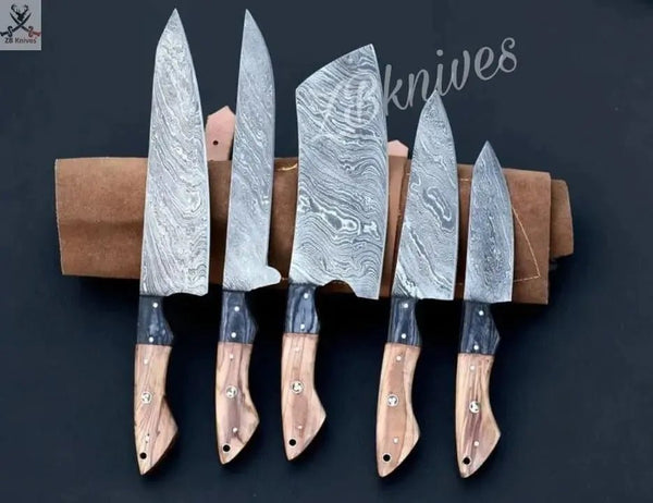 5 PCS HAND FORGED Full Tang Damascus Steel Kitchen Set knives+ Leather Roll kit - ZB Knives Store