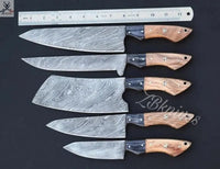 5 PCS HAND FORGED Full Tang Damascus Steel Kitchen Set knives+ Leather Roll kit - ZB Knives Store