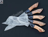 5 PCS HAND FORGED Full Tang Damascus Steel Kitchen Set knives+ Leather Roll kit - ZB Knives Store