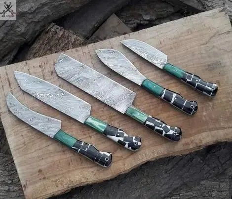 5 PCS HAND FORGED Full Tang Damascus Steel Kitchen Set knives+ Leather roll kit - ZB Knives Store