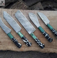 5 PCS HAND FORGED Full Tang Damascus Steel Kitchen Set knives+ Leather roll kit - ZB Knives Store