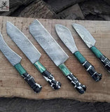 5 PCS HAND FORGED Full Tang Damascus Steel Kitchen Set knives+ Leather roll kit - ZB Knives Store