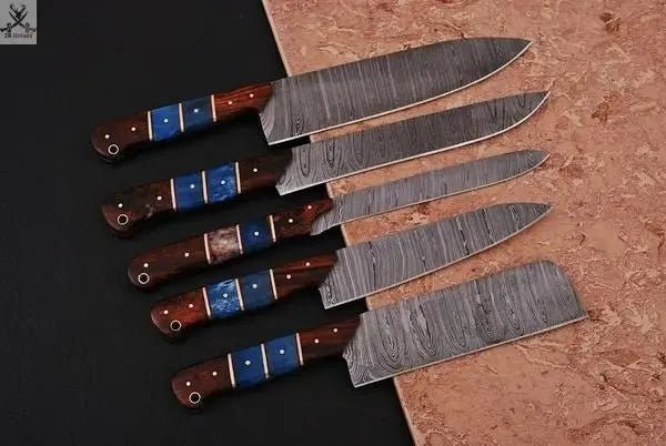 5 PCS HAND FORGED Full Tang Damascus Steel Kitchen Set knives+ Leather roll kit - ZB Knives Store