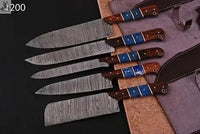 5 PCS HAND FORGED Full Tang Damascus Steel Kitchen Set knives+ Leather roll kit - ZB Knives Store