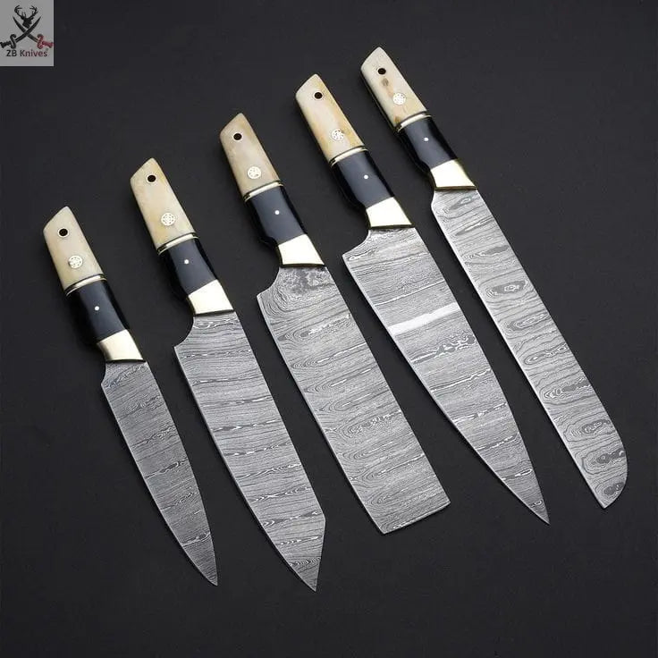 5 PCS HAND FORGED Full Tang Damascus Steel kitchen set knives + Leather Sheath - ZB Knives Store