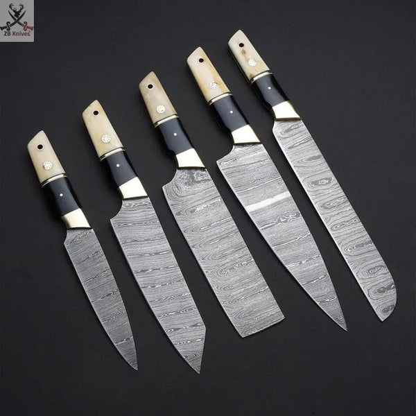 5 PCS HAND FORGED Full Tang Damascus Steel kitchen set knives + Leather Sheath - ZB Knives Store