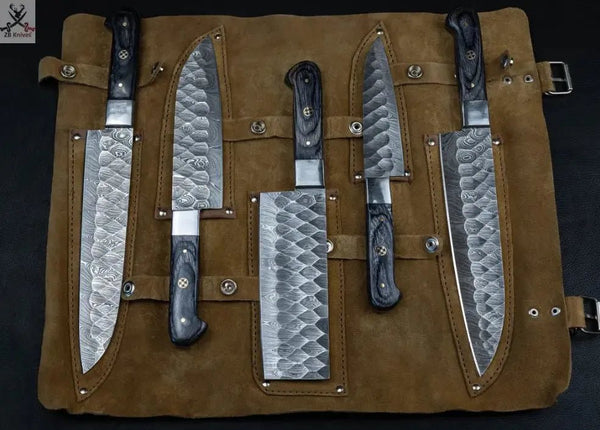 5 PCS HAND FORGED Full Tang Damascus Steel kitchen set knives + Leather Sheath - ZB Knives Store