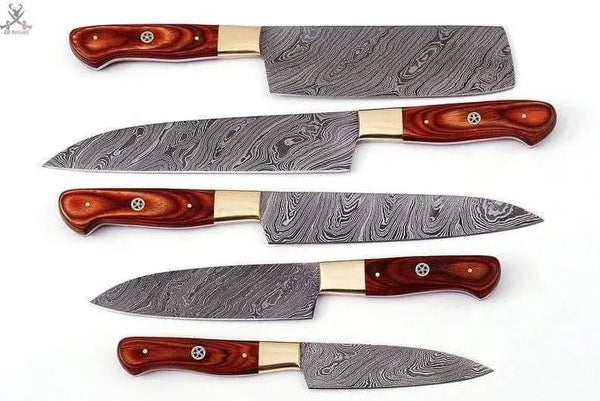 5 PCS HAND FORGED Full Tang Damascus Steel kitchen set knives+ Leather Roll kit - ZB Knives Store