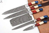 5 PCS HAND FORGED Full Tang Damascus Steel kitchen set knives+ Leather sheath - ZB Knives Store