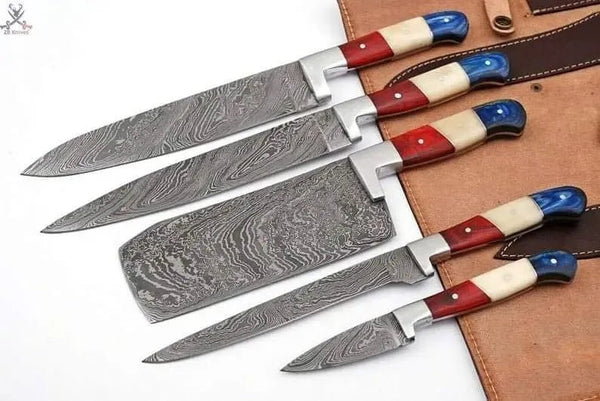 5 PCS HAND FORGED Full Tang Damascus Steel kitchen set knives+ Leather sheath - ZB Knives Store