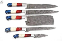 5 PCS HAND FORGED Full Tang Damascus Steel kitchen set knives+ Leather sheath - ZB Knives Store