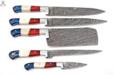 5 PCS HAND FORGED Full Tang Damascus Steel kitchen set knives+ Leather sheath - ZB Knives Store