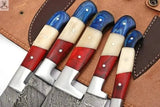 5 PCS HAND FORGED Full Tang Damascus Steel kitchen set knives+ Leather sheath - ZB Knives Store