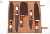 5 PCS HAND FORGED Full Tang Damascus Steel kitchen set knives+ Leather sheath - ZB Knives Store
