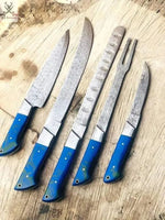 5 PCS HAND FORGED Full Tang Damascus Steel kitchen set knives+ Leather sheath - ZB Knives Store