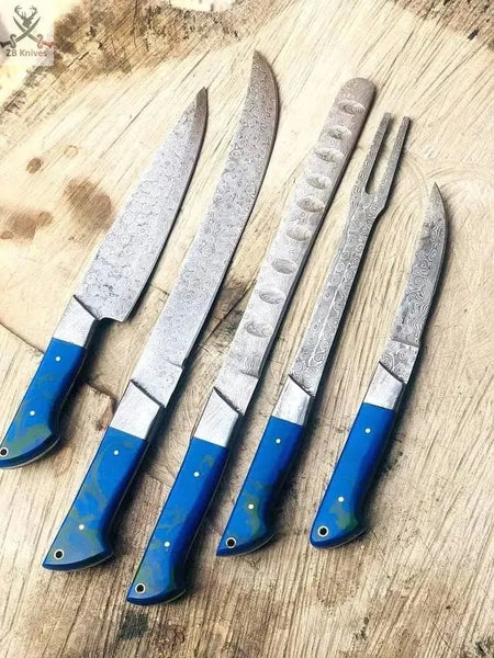 5 PCS HAND FORGED Full Tang Damascus Steel kitchen set knives+ Leather sheath - ZB Knives Store