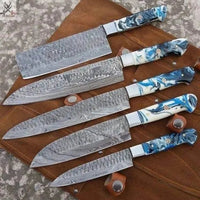 5 PCS HAND FORGED Full Tang Damascus kitchen set knives + Leather Sheath - ZB Knives Store