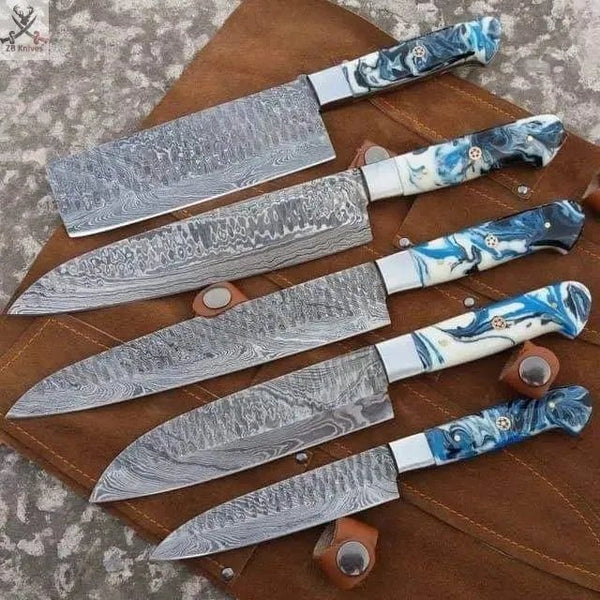5 PCS HAND FORGED Full Tang Damascus kitchen set knives + Leather Sheath - ZB Knives Store