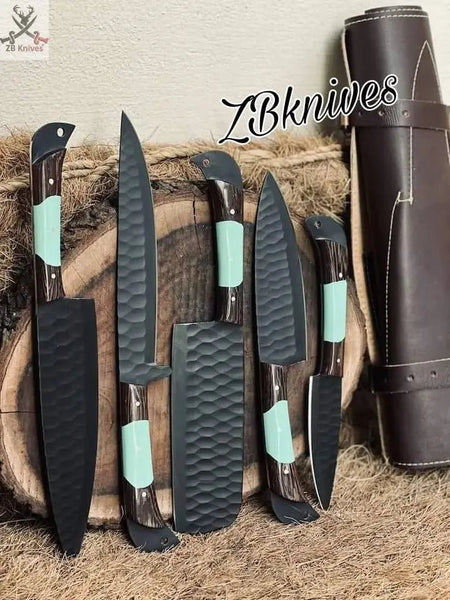 5 PCS HAND FORGED Full Tang High Carbon Steel kitchen Set Knives + leather Roll kit - ZB Knives Store