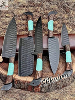5 PCS HAND FORGED Full Tang High Carbon Steel kitchen Set Knives + leather Roll kit - ZB Knives Store