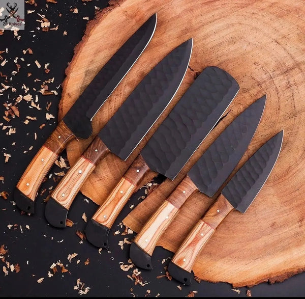5 PCS HAND FORGED Full Tang High Carbon Steel kitchen set knives + Leather Sheath - ZB Knives Store