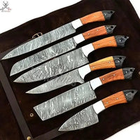 6 PCS HAND FORGED Full Tang Damascus Steel kitchen Set knives + Leather Roll Kit - ZB Knives Store