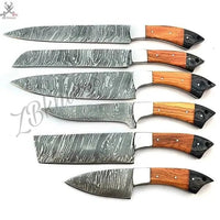 6 PCS HAND FORGED Full Tang Damascus Steel kitchen Set knives + Leather Roll Kit - ZB Knives Store