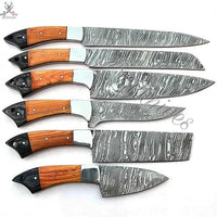 6 PCS HAND FORGED Full Tang Damascus Steel kitchen Set knives + Leather Roll Kit - ZB Knives Store