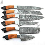 6 PCS HAND FORGED Full Tang Damascus Steel kitchen Set knives + Leather Roll Kit - ZB Knives Store