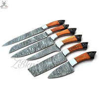 6 PCS HAND FORGED Full Tang Damascus Steel kitchen Set knives + Leather Roll Kit - ZB Knives Store