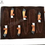 6 PCS HAND FORGED Full Tang Damascus Steel kitchen Set knives + Leather Roll Kit - ZB Knives Store