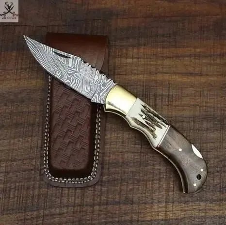 6.5" Inches HAND FORGED Damascus Steel Folding Pocket knife+ Leather sheath - ZB Knives Store